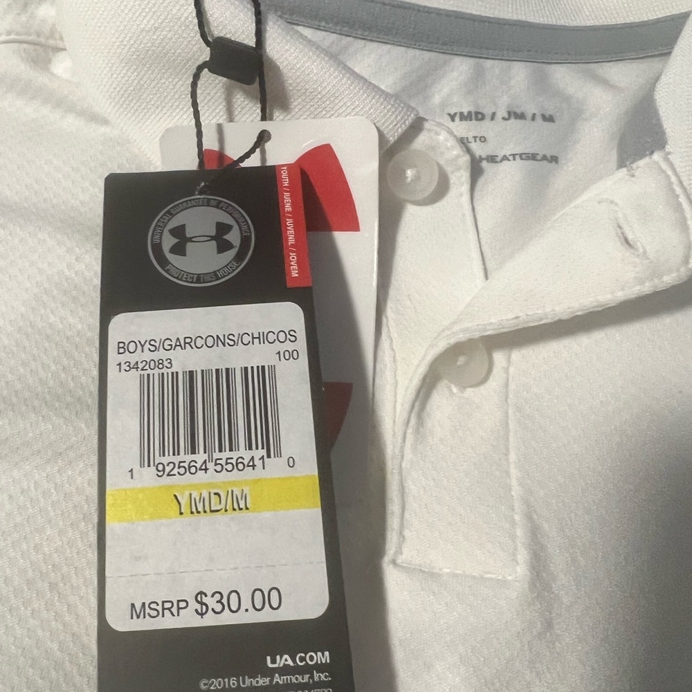 Youth Medium underarmour white polo shirt, NWT